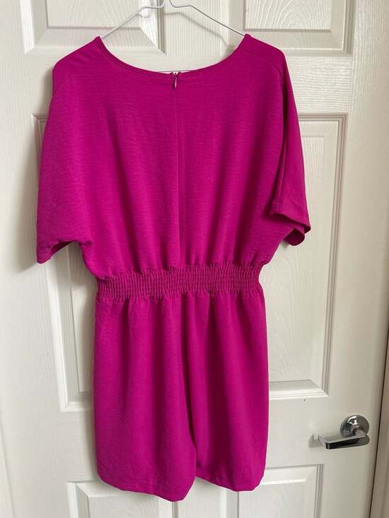 Magenta V-Neck Smocked Waist Tie-Back Romper - Picture 9 of 11